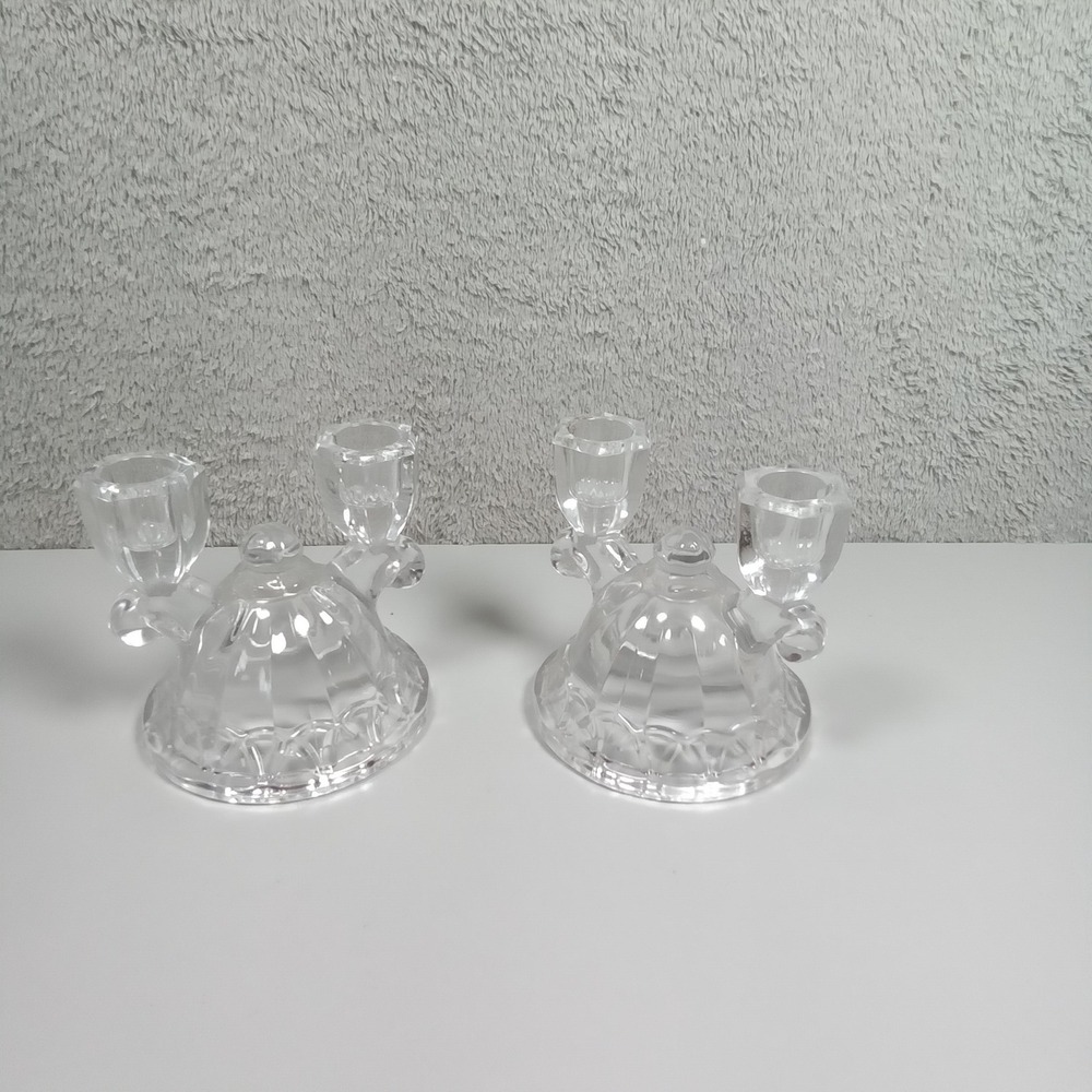 Vintage Clear Pressed Glass‎ Double Arm Taper Candle Holder Set of 2 Ribbed Base